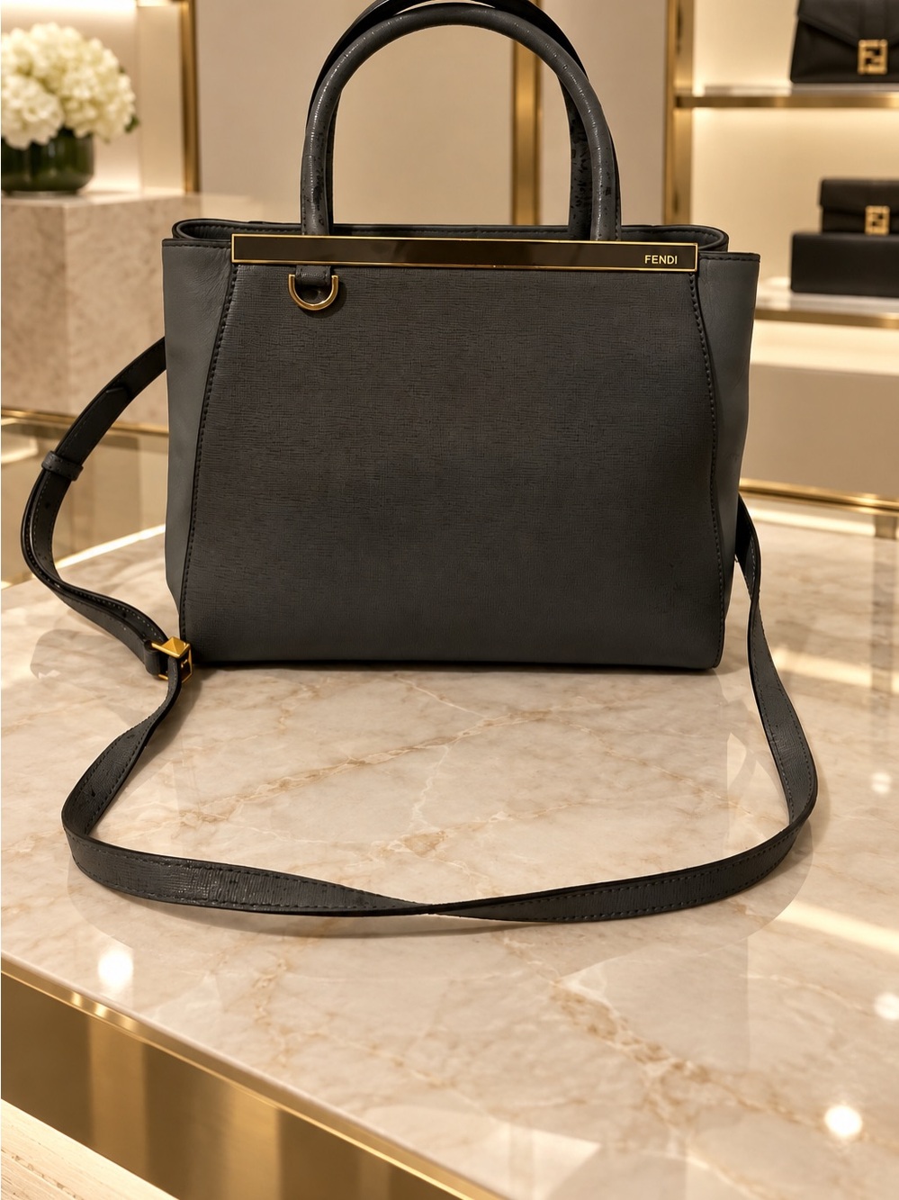 Fendi 2Jours Small Grey Textured Leather Gold Hardware Detachable Strap